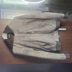 allsaints grey suede bomber jacket (large) removable hood